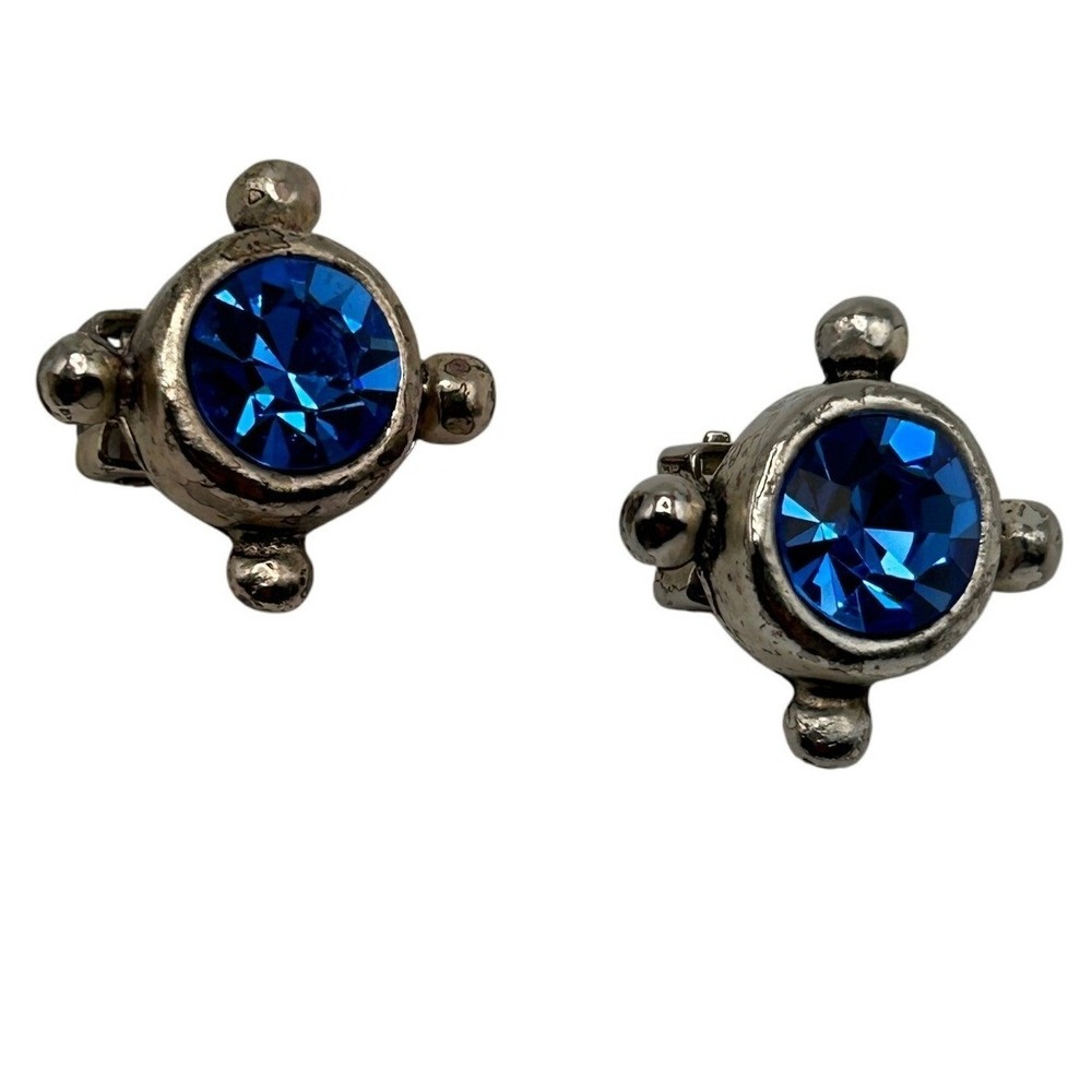Vintage Dyrberg Kern Silver Tone Blue Crystal Clip On Earrings Danish Design